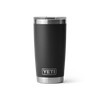 Black 20 oz YETI tumbler with silver lid on a transparent background