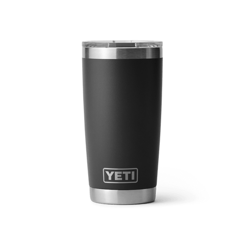 Black 20 oz YETI tumbler with silver lid on a transparent background