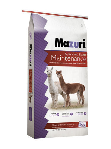 Mazuri Alpaca and Llama Maintenance food packaging on a white background