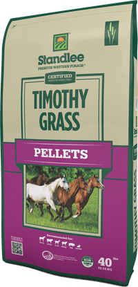 Bag of Standlee Timothy Grass Pellets with horses on a green and purple background
