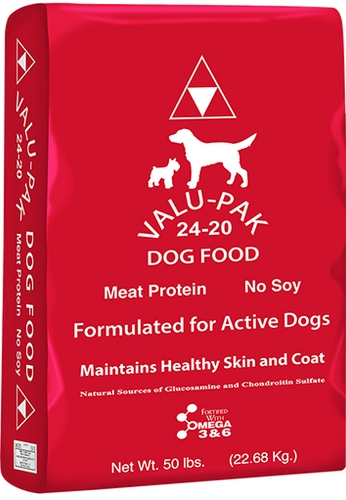 Red bag of Valu-Pak dog food with white text and a logo.