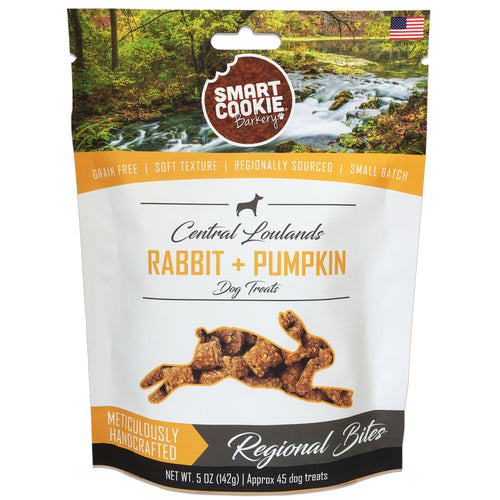 Package of Smart Cookie Barkery Central Loulands Rabbit + Pumpkin dog treats with scenic design.