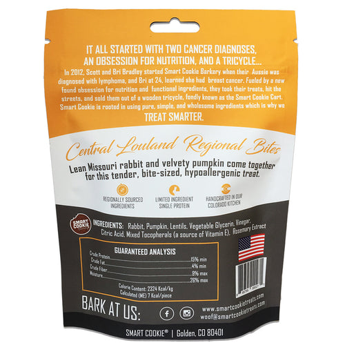 Back of a Smart Cookie pet food package with text and branding.