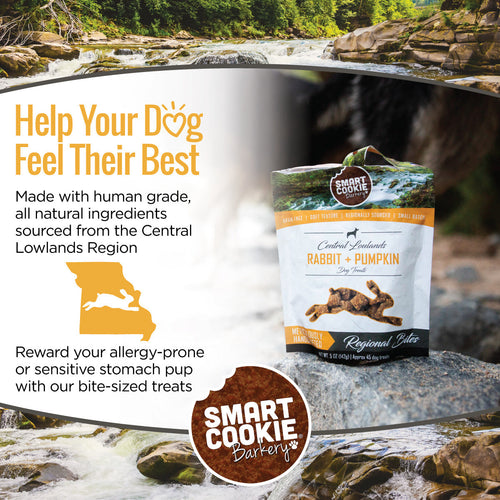 Smart Cookie Barkery dog treat package with a scenic background explaining that the product is made with natural ingredients.