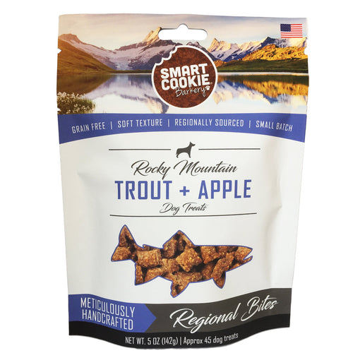 Package of Smart Cookie Barley Rocky Mountain Trout + Apple dog treats with scenic design.