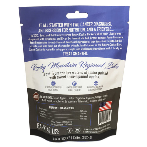 Back of a Smart Cookie Barkery packaging with text and branding.
