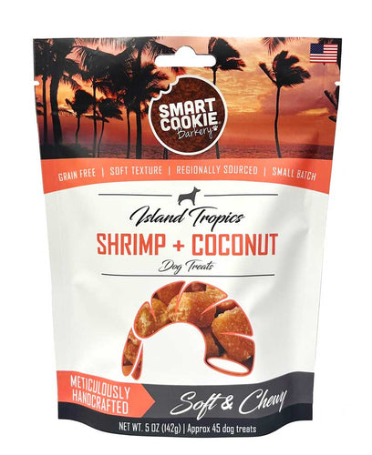 Smart Cookie Barkery Island Tropics Shrimp + Coconut dog treats packaging with sunset design.