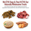 Dog treats, raw meat, seeds, and sweet potatoes with text about natural wholesome ingredients.
