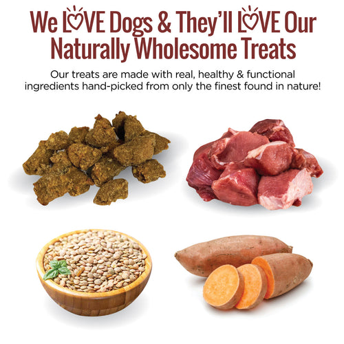 Dog treats, raw meat, seeds, and sweet potatoes with text about natural wholesome ingredients.