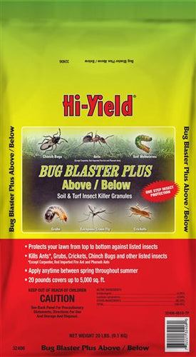 Hi-Yield Bug Blaster Plus packaging with images of bugs and text on a green and red background.