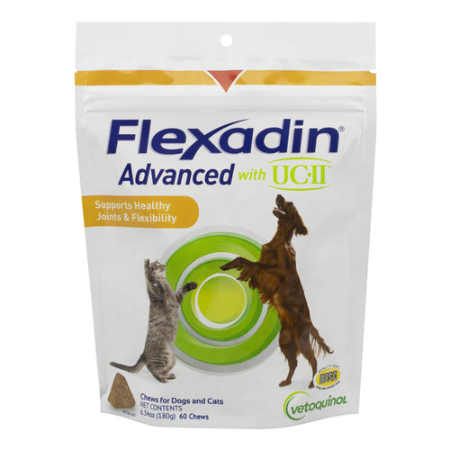 Flexadin Advanced with UC-II supplement package for dogs and cats on a white background