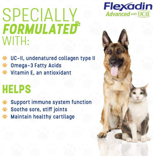 Advertisement for Flexadin with a dog and cat on a white background
