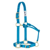 Blue horse halter with gold hardware on a white background