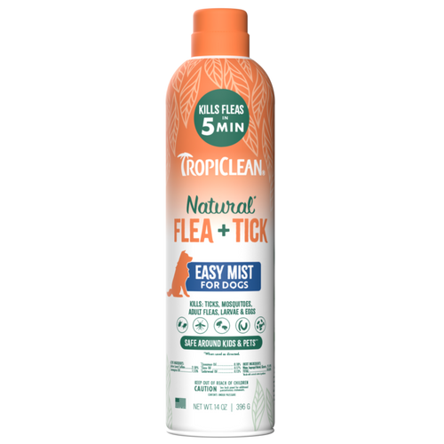 TropiClean Natural Flea + Tick Easy Mist for Dogs spray bottle on a white background
