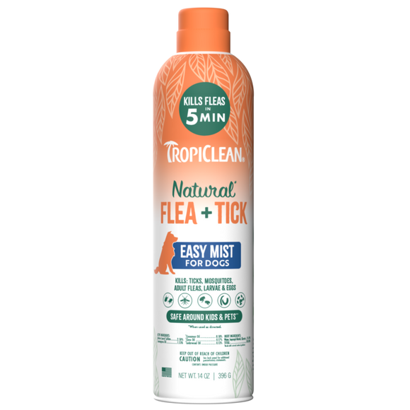TropiClean Natural Flea + Tick Easy Mist for Dogs spray bottle on a white background