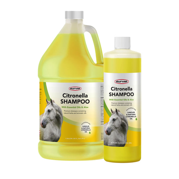 Two bottles of Durvet Citronella Shampoo for horses on a white background