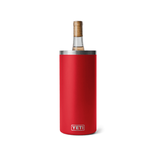 Red YETI bottle cooler with a wine bottle on a transparent background