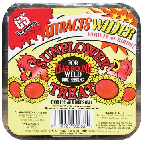 Sunflower seed cake for wild birds with colorful packaging and text.