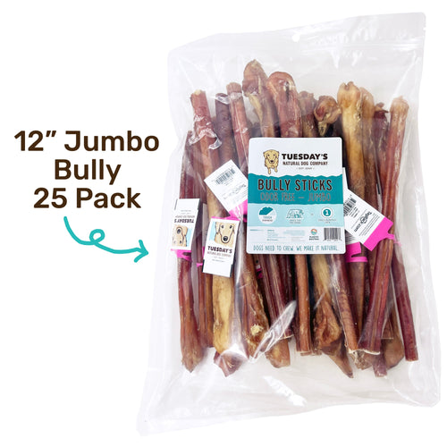 Tuesday's Natural Dog Company 12 Jumbo Bully Sticks Odor Free