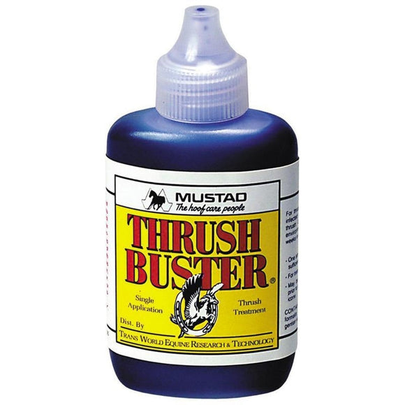 A bottle of MUSTAD THRUSH BUSTER, with a blue cap and label featuring the product name and an image of a horse.