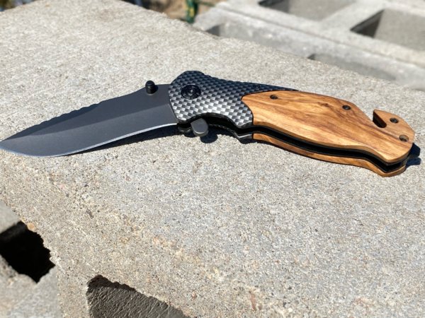 Black Carbon Fiber Wood Folding Pocket Knife 3